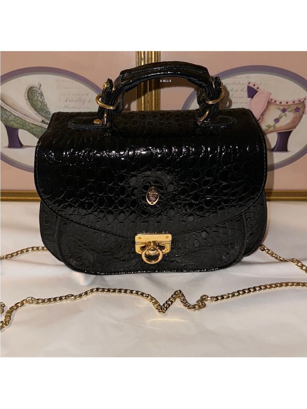 LA LAURENT Paris New York Vintage Black Croc Embossed Leather Small Satchel Bag